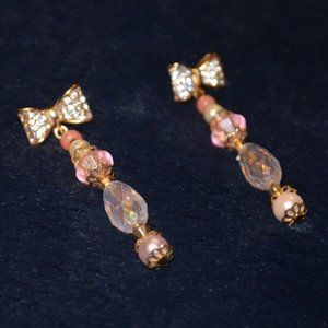 Rhinestones Bow Pink & White Beads Hanging Stud Earrings